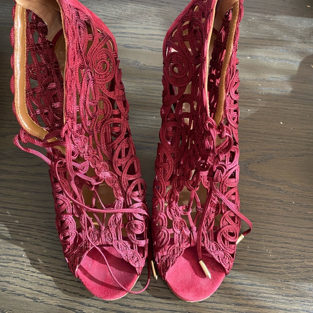 Aquazzura Burgundy Suede&Lace Cut Out Open Booties
